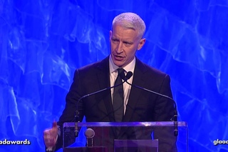 Anderson Cooper receives the Vito Russo Award from Madonna at the #glaadawards