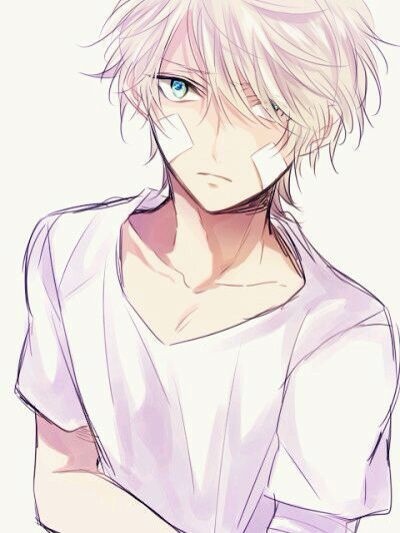 Anime boy with white hair and green eyes