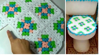 CUBRE INODORO CON CUADROS GRANNY TEJIDO A CROCHET