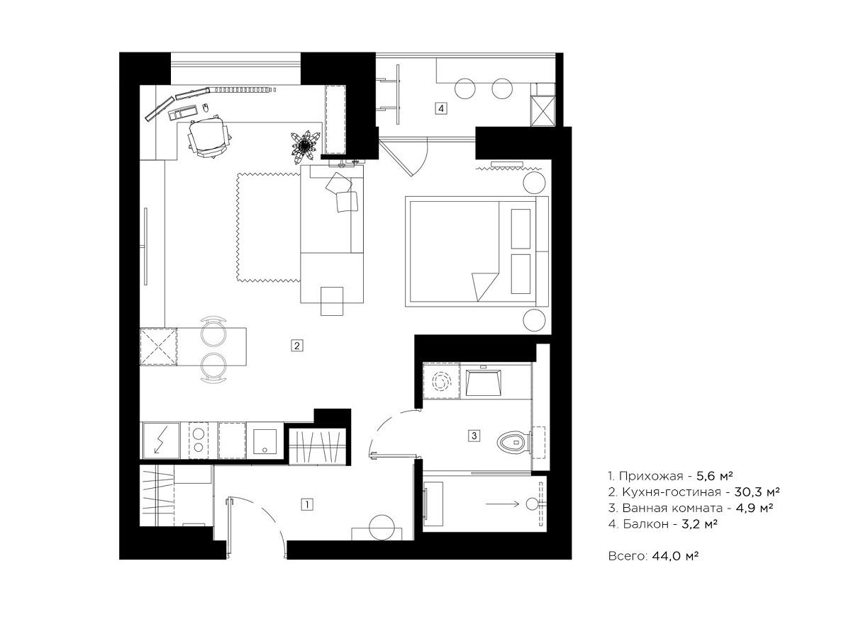 Интерьер квартиры-студии 40,8 кв.